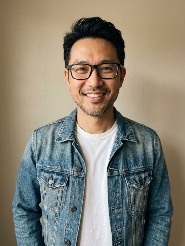 Input photo: fictional man with black glasses in a denim jacket over a white t-shirt